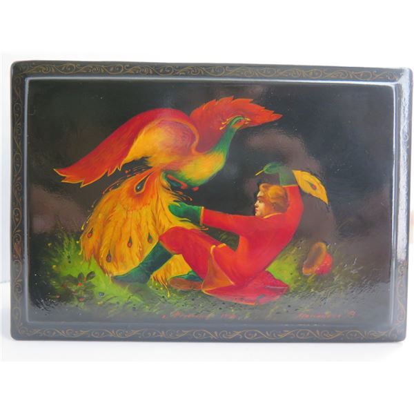 Russian Lacquer Jewelry Box, Rectangular Hand Painted, Signed 4.25"x 6.25"