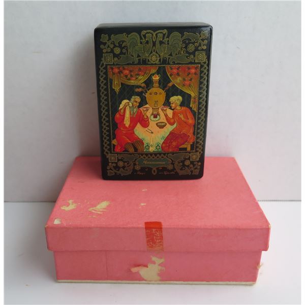 Russian Lacquer Trinket Box, Rectangular Hand Painted Signed 3"x 5"