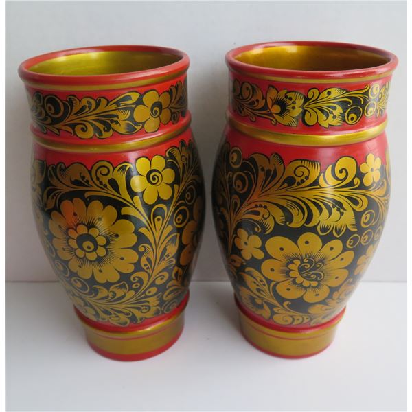 Pair of Painted Russian Vases - Floral Red, Black, Gold 9" Tall