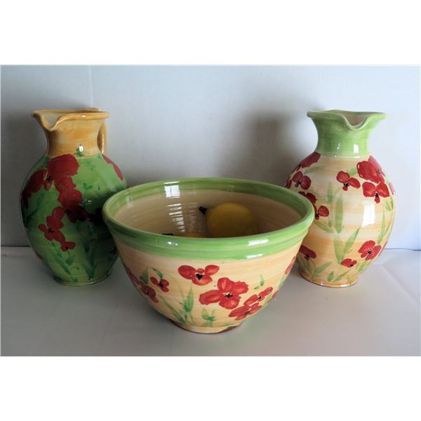 Qty 3 French Ceramic Dishware, 2 Pitchers, 1 Bowl 11" Dia, Patrick (Poterie) Galtie  Signed