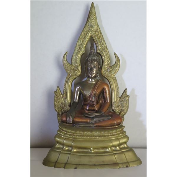 Seated Buddha on Stand w/ Metal Ornamentation 13" Tall