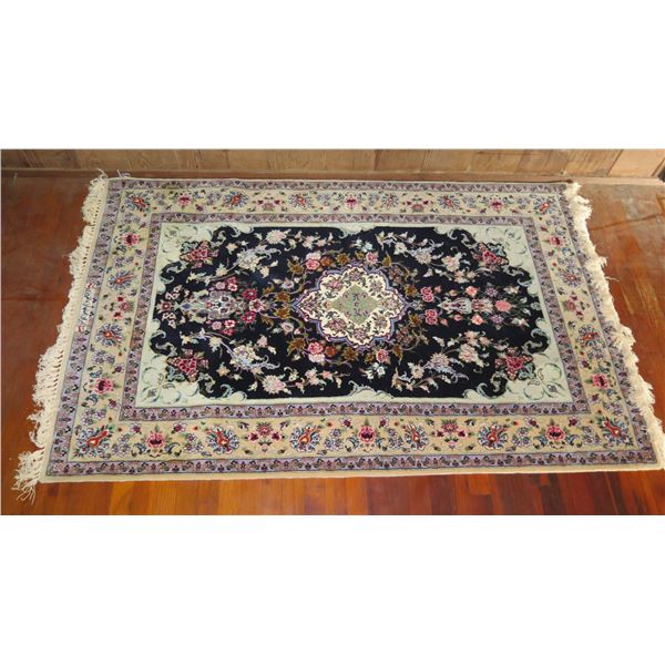 Persian Rug, Hand Woven Floral Motif Black/Cream/Maker's Mark 69" x 44"
