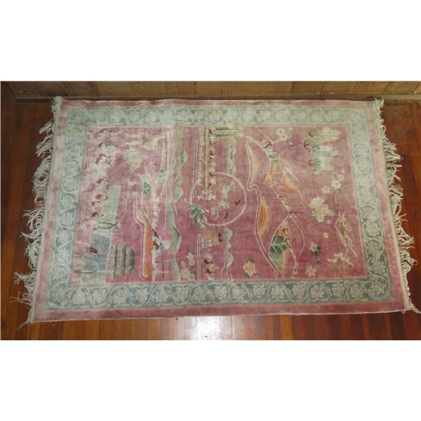 Oriental Rug Chinese Landscape Motif Pink/Green/Orange/White 72" x 49"