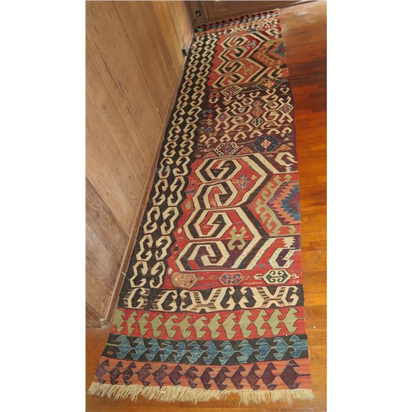 Woven Runner Rug, Geometric Pattern Rust/Black/Green/Blue 150" x 36"