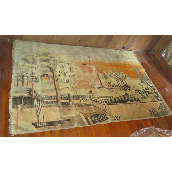 Wool Rug w/Landscape Motif, Cream/Tan/Black/Orange 103" x 69"