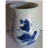 Image 1 : Chinese Ceramic Vase, Fish & Lotis Motif w/Chinese Characters, Blue/White 14" x 9"