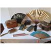 Image 1 : Qty 12 Accessories,Wooden Box, 3 Chinese Fans, Sterling Mirror, 2 Sm Folding Screens, 2 Black Cups