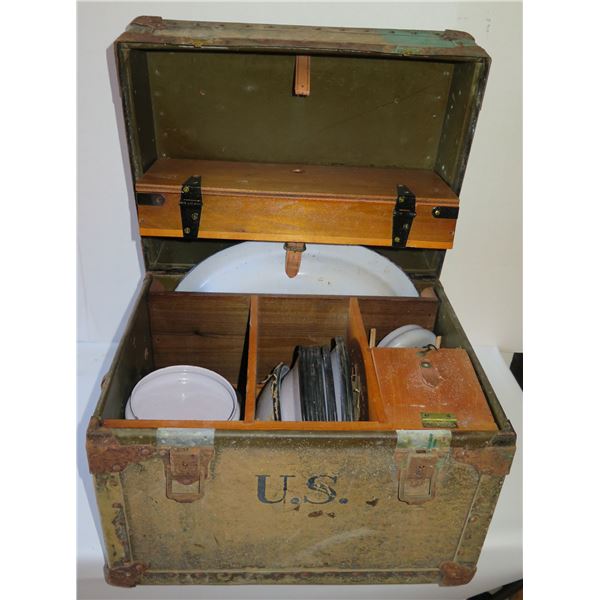 Vintage U.S. Trunk w/ Coffeepot, Dishes & Utensils 17.75"x 13.75"x 14.5"H