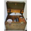 Image 1 : Vintage U.S. Trunk w/ Coffeepot, Dishes & Utensils 17.75"x 13.75"x 14.5"H