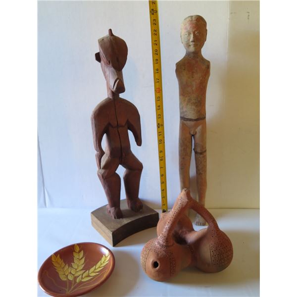 Wooden Clay and Carved Wood Figures, Form & Small Plate