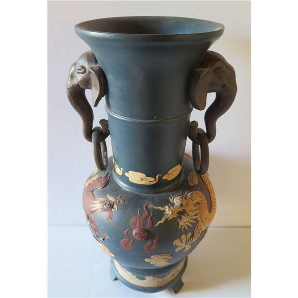 Asian Vase on Matching Stand, Raised Animal Motifs, Damaged