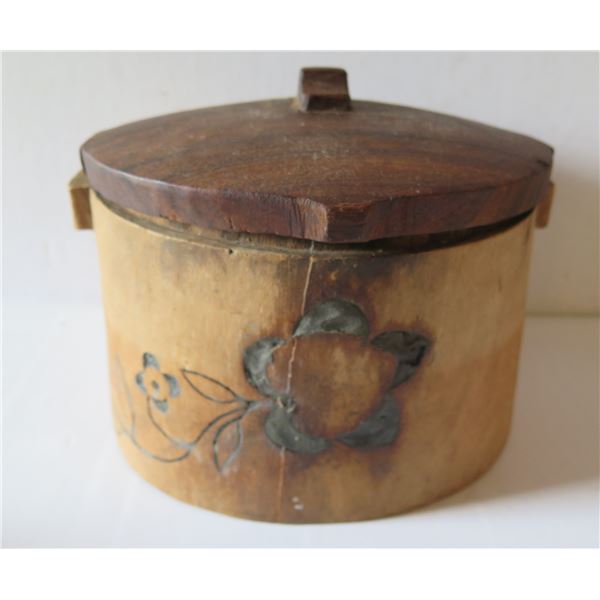 Wooden Lidded Jar  w/ Inlaid Floral Motif 7" Tall