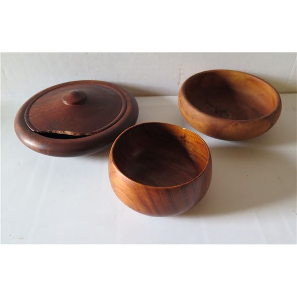 Qty 3 Turned Wooden Bowls, Lidded Kiawe Signed House of Kalai, Milo & Koa Signed Blair HI