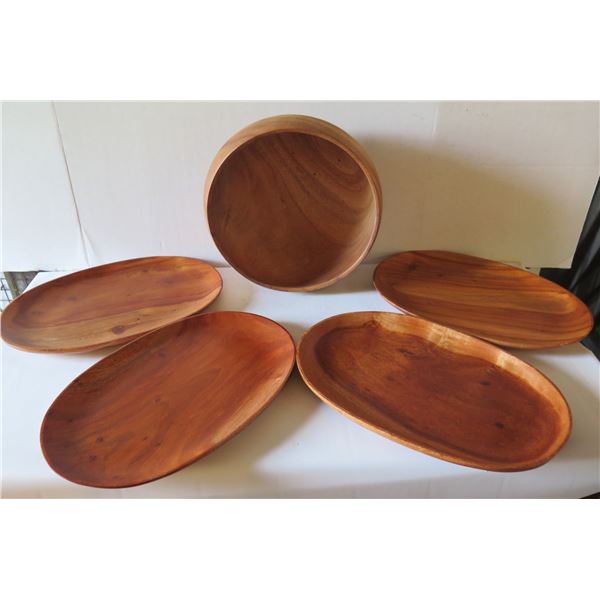 Qty 5 Wooden Serving Platters & Bowl Yellow Poinciana House of Kalai 10" Dia, Kamani 14" W