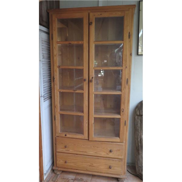 Tall Wooden Cabinet w/ Glass Doors, 5 Shelves 2 Drawers 36" x 13" x 79"