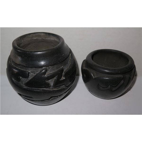 Qty 2 Santa Clara Blackware Vases w/Raised Design Signed Margaret Tafoya