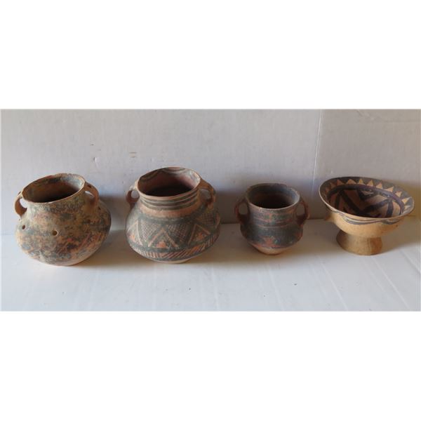 Qty 4 Painted Clay Vases, 3 w/ Handles, Misc Sizes