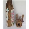 Image 1 : Qty 2 Figurines, Wood w/ Ceramic Designs, Clay House Figurine From Peru
