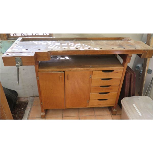 Wooden Work Bench, 2 Door Cabinet & 5 Drawers, 53" x 15.5" x 34.5"
