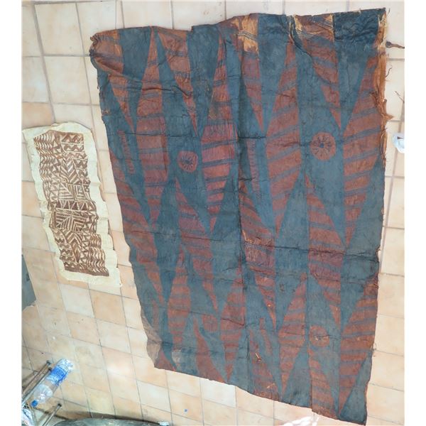 Qty 2 Tapa Cloth, Geometric Design Rust/Navy, Beige/Brown