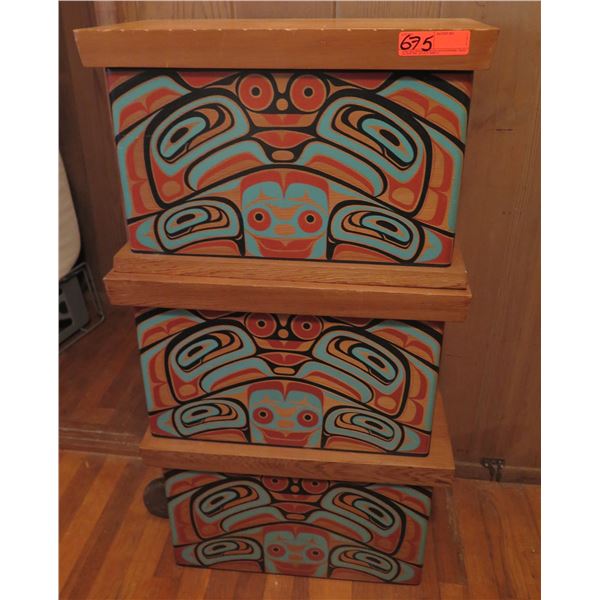 Qty 3 Wooden Stacking Boxes, Cedar Painted Designs, Standing Bear Walking 1993