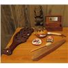 Image 1 : Qty 8 Misc Items, Wooden Carved Club, Tiki, Wooden Box, Gourd Music Instrument, Patches