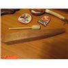 Image 2 : Qty 8 Misc Items, Wooden Carved Club, Tiki, Wooden Box, Gourd Music Instrument, Patches