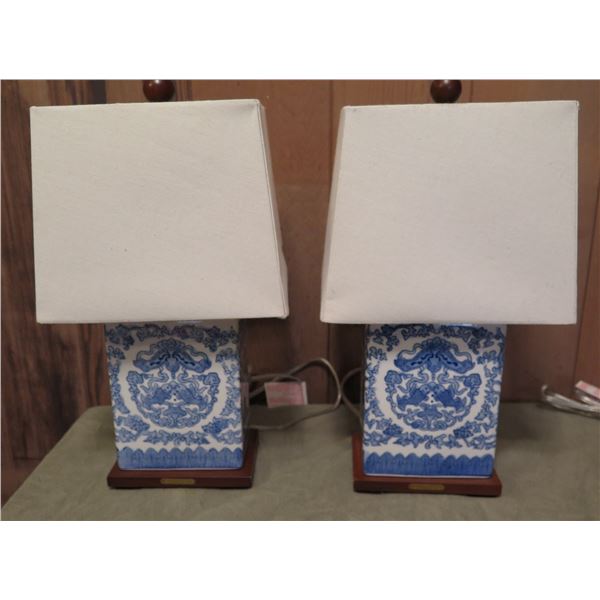 Qty 2 Chinese Porcelain Lamps w/ Lampshades, Rectangular Blue/White Ralph Lauren