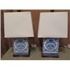 Image 1 : Qty 2 Chinese Porcelain Lamps w/ Lampshades, Rectangular Blue/White Ralph Lauren