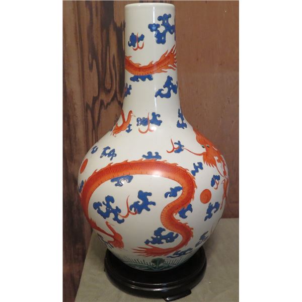 Chinese Ceramic Vase w/ Wooden Stand, Orange/Blue/White Makers Mark