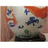 Image 8 : Chinese Ceramic Vase w/ Wooden Stand, Orange/Blue/White Makers Mark