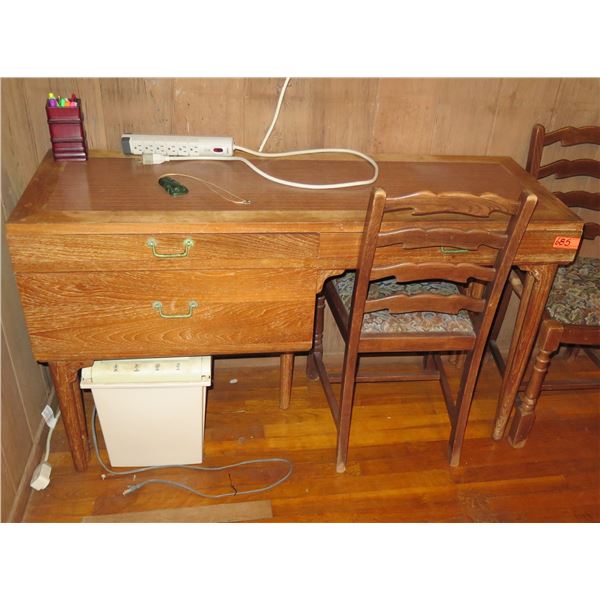 Wooden Desk w/2 Chairs, 3 Drawers Upholstered Seats, Electric Plug, Pen Holder, Green Tiki Necklace,