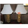 Image 1 : Qty 2 Ceramic Lamps w/ Lamp Shades, Gold Geometric Design (Lampshades Stained)