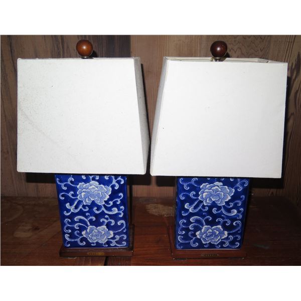 Qty 2 Chinese Porcelain w/ Lampshades, Floral Blue/White Ralph Lauren