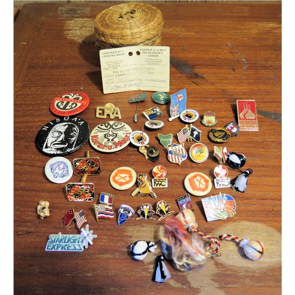 Native Canadian Indian Basket 3" Tall, Misc Souvenir Pins