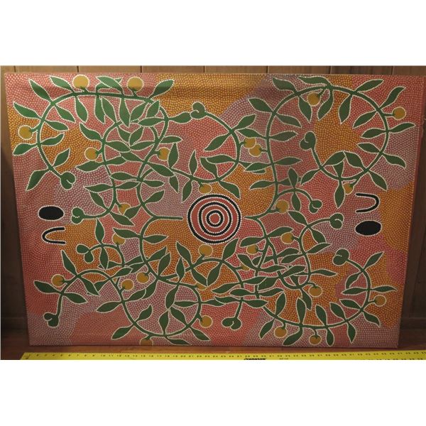 Australian Aboriginal Painting, "Munyim Dreaming" Signed 47" x 34.75"