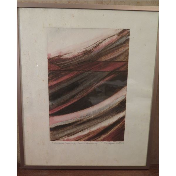Framed Art,  Burning Landscape Lake Mahinerangi  Signed Marilynn Webb 1983 15  x 17.75 