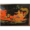 Image 3 : Framed Art, Russian Black Lacquer Print , Woman & Man In Sleigh Signed 19.75" x 10"