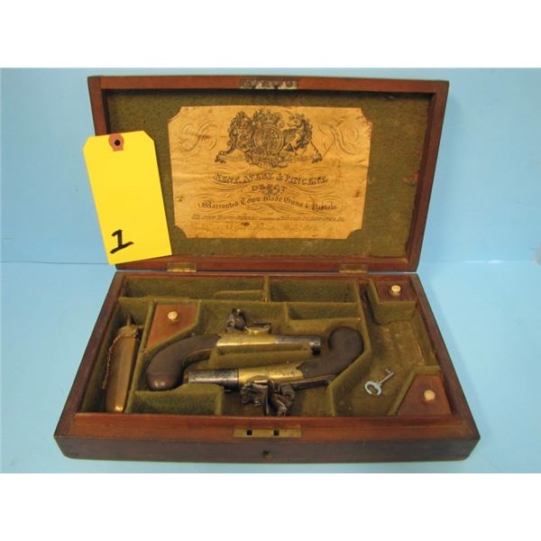 ANTIQUE:  Dueling Pistol Set of 2 Richards single shot boxlock, approx .45 cal  with folding trigger
