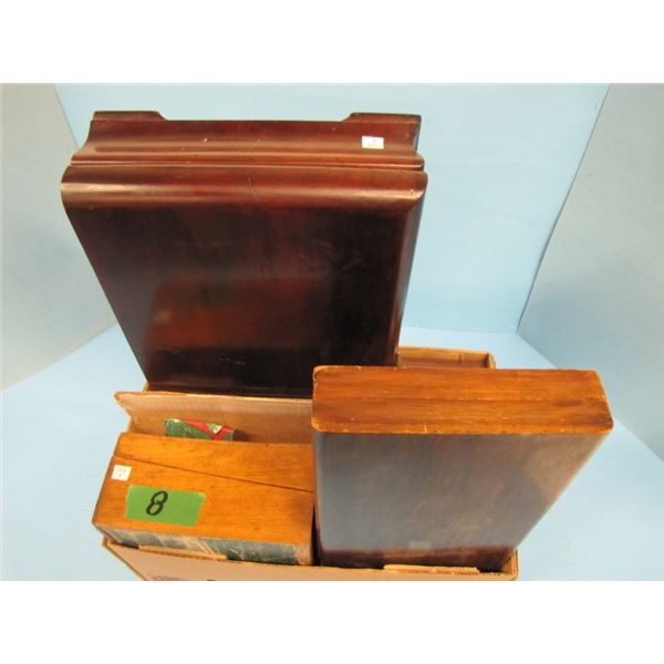 lot of 5 older wood lidded boxes, mahogany, Oak, Walnut. Very suitable for antique gun or knife case