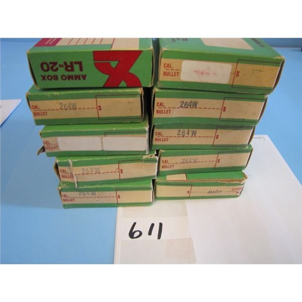 10 boxes of Gevelot unprimed 264 Winchester brass, 20/box - 1 box has two brass out.