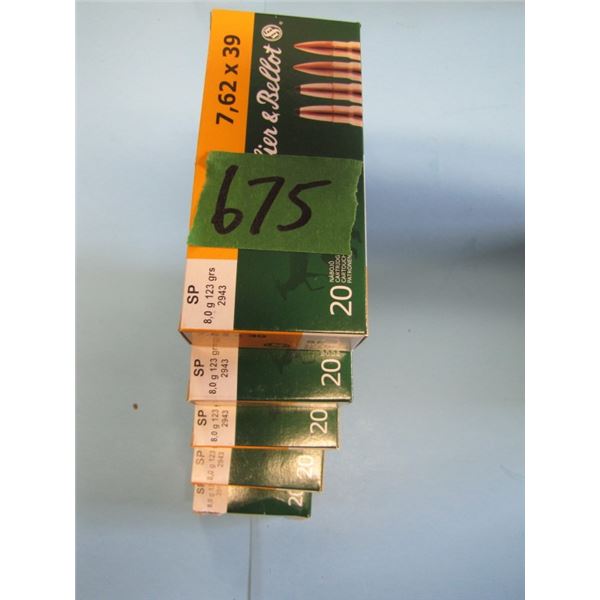 lot 5 boxes 20 rounds per box (100 rounds total) 7.62 x39 SP, Selinger and bellot, 123 grains