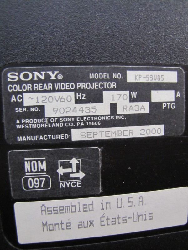 Sony Model KP-53V85 Color Rear Video Projector TV