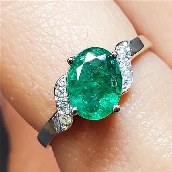 10K White Gold Emerald(1.1ct) Diamond(0.06ct) Prong Set,1 Natural Deep Green Emerald,6 Diamond(F-G,I