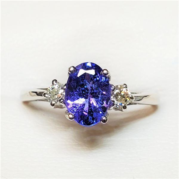 10K White Gold Tanzanite(1.25ct) Diamond(0.16ct) Prong Set, 1 Natural Strong Violetish Blue Tanzanit