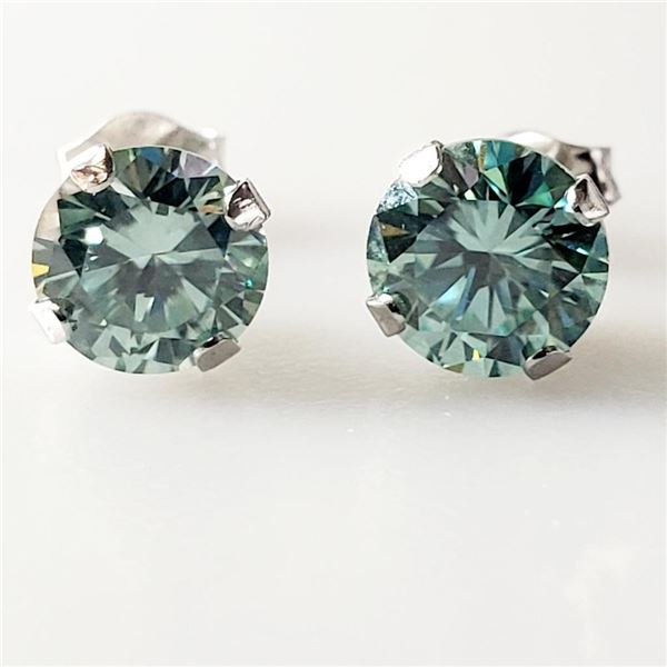 10K White Gold Moissanite(1.5ct) Hand Assembled Studs, 2 Basket Set Light Bluish Green Moissanite Ea