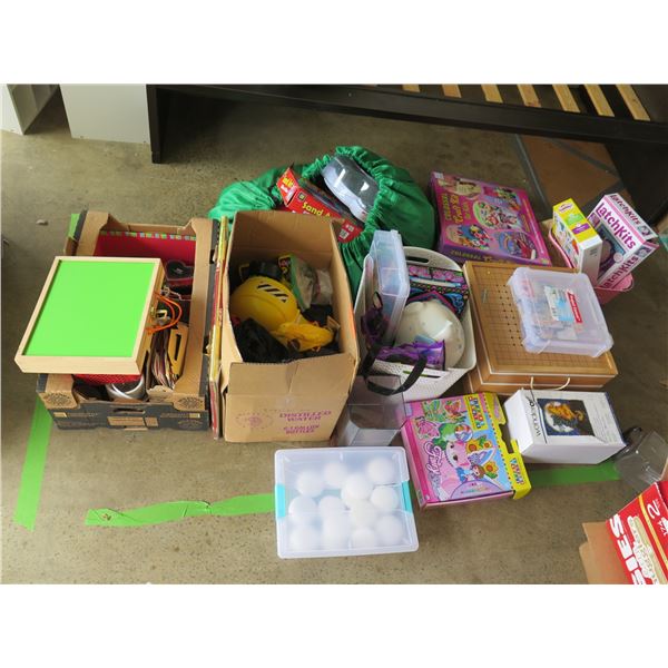 Misc. Toys, Unopened Craft Kit, Candles, Unopened Playdough Set, Ceramic Piggy Bank, Bey Blade Stadi