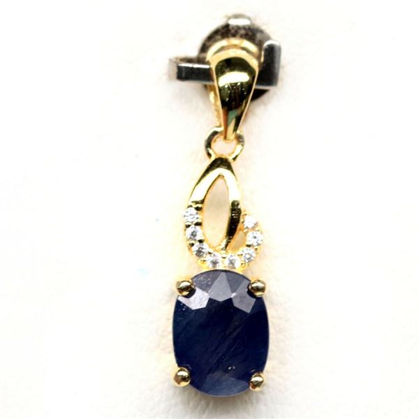 NATURAL BLUE SAPPHIRE & WHITE CZ 925 STERLING SILVER PENDANT