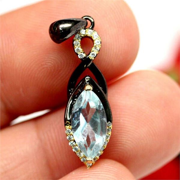 NATURAL SKY BLUE TOPAZ & WHITE CZ TWO TONE PENDANT 925 SILVER STERLING