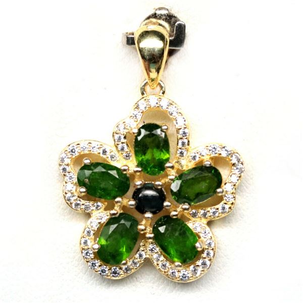 NATURAL 4 X 6 mm. GREEN CHROME DIOPSIDE, SAPPHIRE & CZ 925 SILVER PENDANT